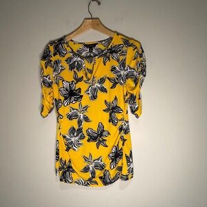 Thalia Sodi Yellow Floral‎ Print Ruched Side Knit Top Women's Size S